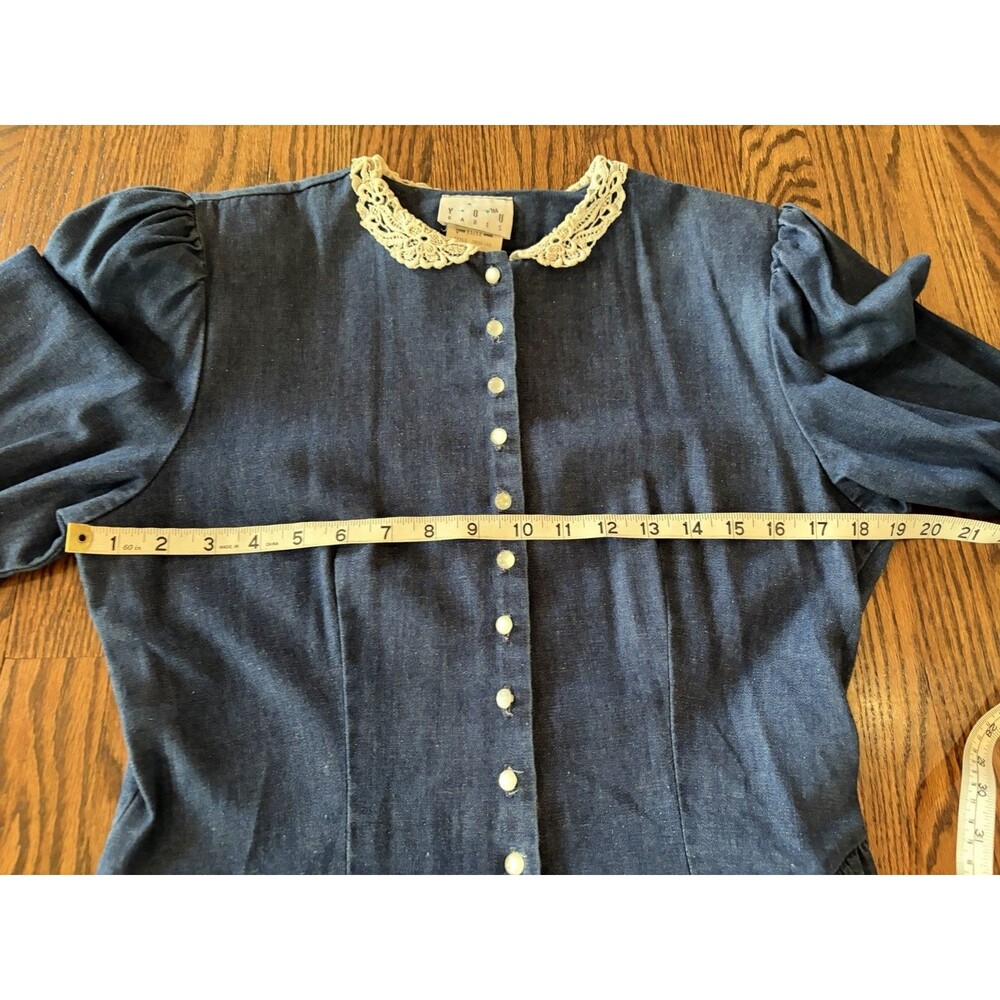VTG 80s 100% Cotton Denim Button Up Peasant Dress Boho Prairie Size 11/12 USA - Picture 9 of 10